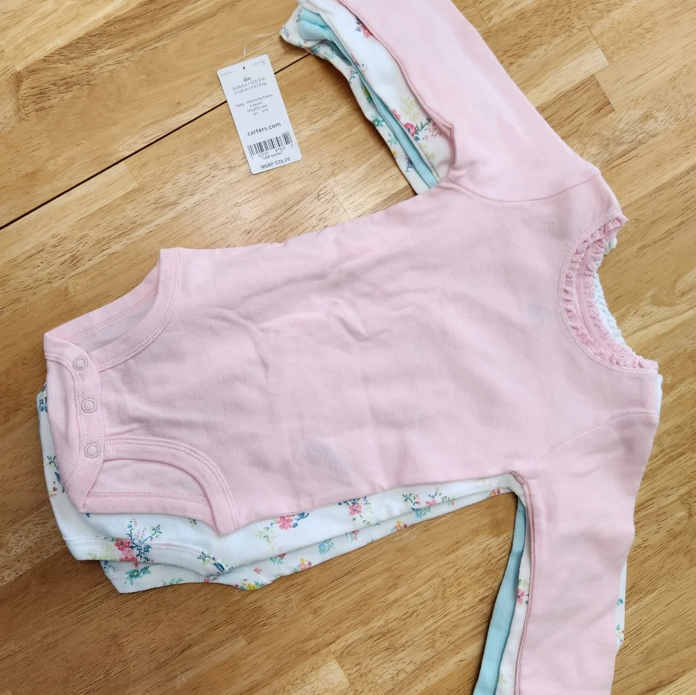 Floral Baby Onesies Set of Four - Pink Solid, Aqua Blue Solid, White Florals